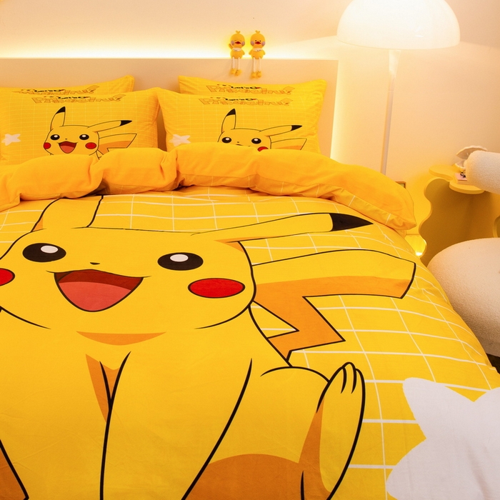 91家纺网 家纺一手货源 找家纺 一电 2025外贸跨境电商儿童卡通床上四件套亲肤牛奶绒学生三件床单被套加大珊瑚宝宝卡通 网红皮卡丘