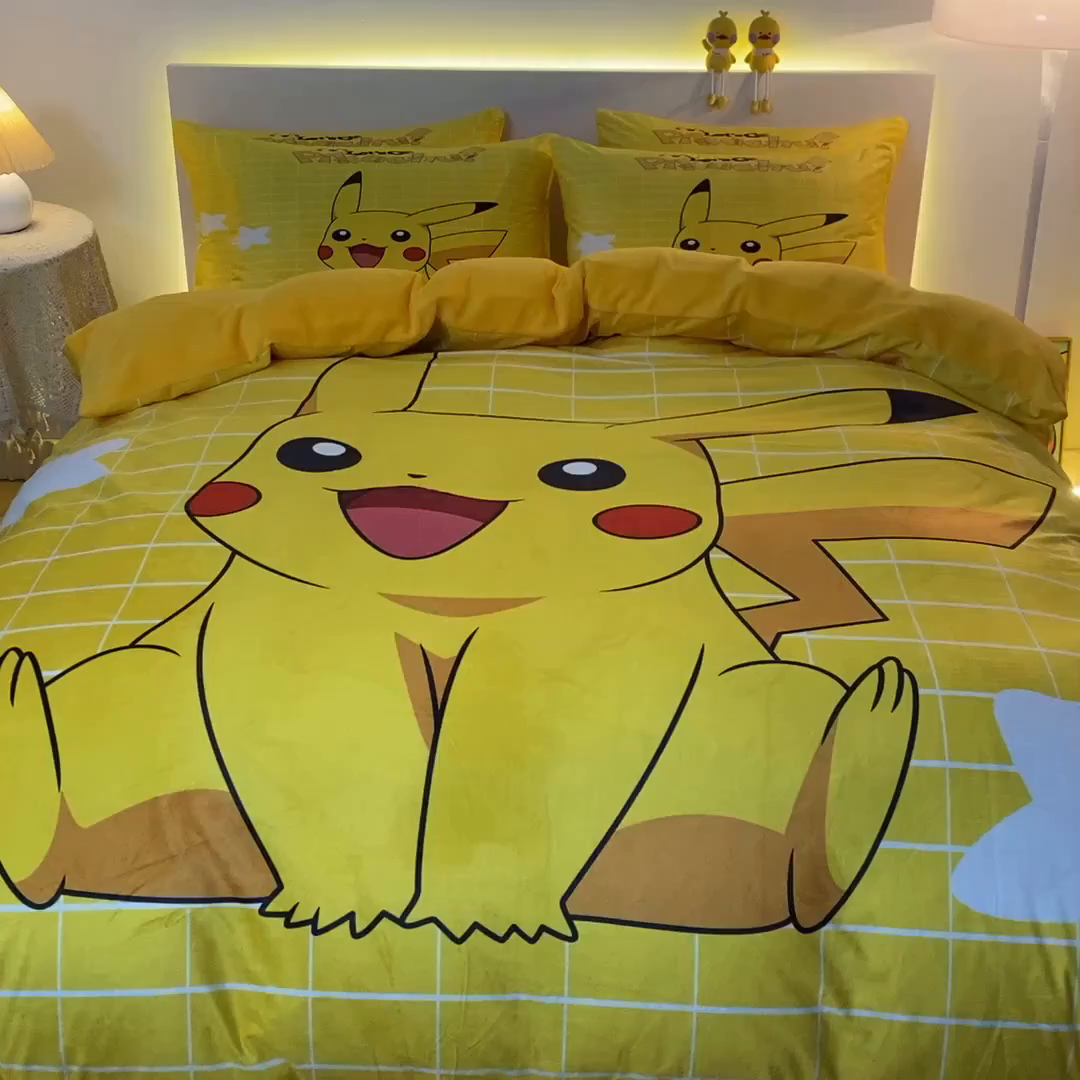 91家纺网 家纺一手货源 找家纺 一电 2025外贸跨境电商儿童卡通床上四件套亲肤牛奶绒学生三件床单被套加大珊瑚宝宝卡通 网红皮卡丘