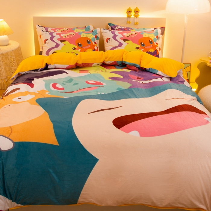 91家纺网 家纺一手货源 找家纺 一电 2025外贸跨境电商儿童卡通床上四件套亲肤牛奶绒学生三件床单被套加大珊瑚宝宝卡通 嘻嘻皮卡丘