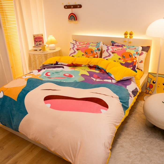 91家纺网 家纺一手货源 找家纺 一电 2025外贸跨境电商儿童卡通床上四件套亲肤牛奶绒学生三件床单被套加大珊瑚宝宝卡通 嘻嘻皮卡丘