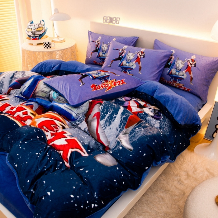 91家纺网 家纺一手货源 找家纺 一电 2025外贸跨境电商儿童卡通床上四件套亲肤牛奶绒学生三件床单被套加大珊瑚宝宝卡通2 奥特警卫队