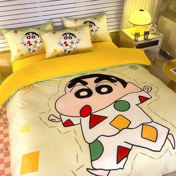 91家纺网 家纺一手货源 找家纺 一电 2025外贸跨境电商儿童卡通床上四件套亲肤牛奶绒学生三件床单被套加大珊瑚宝宝卡通 小新