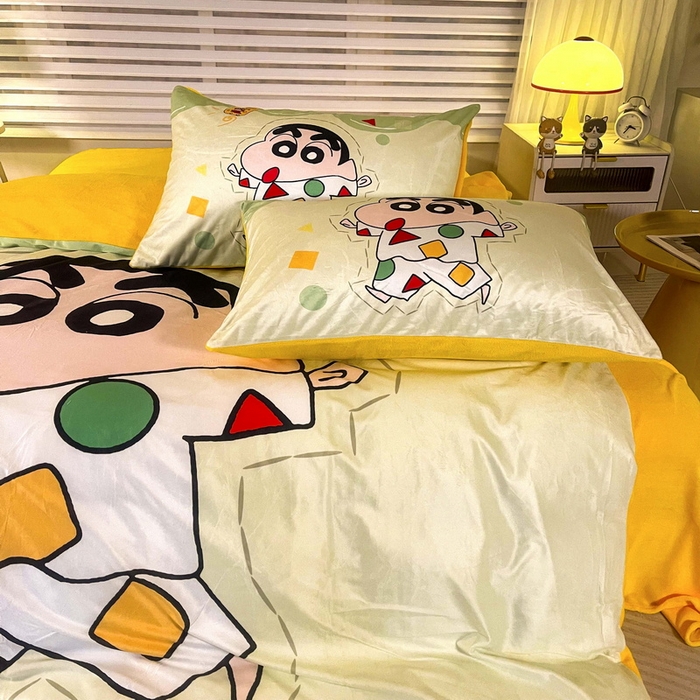 91家纺网 家纺一手货源 找家纺 一电 2025外贸跨境电商儿童卡通床上四件套亲肤牛奶绒学生三件床单被套加大珊瑚宝宝卡通 小新