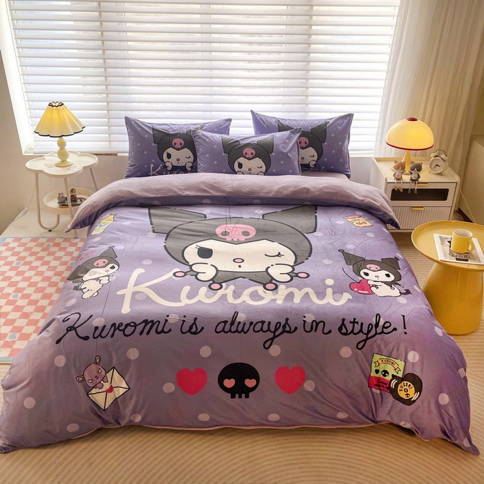 91家纺网 家纺一手货源 找家纺 一电 2025外贸跨境电商儿童卡通床上四件套亲肤牛奶绒学生三件床单被套加大珊瑚宝宝卡通 圆点库洛米