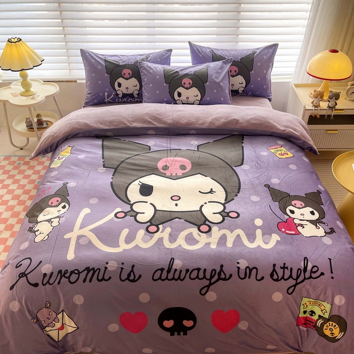 91家纺网 家纺一手货源 找家纺 一电 2025外贸跨境电商儿童卡通床上四件套亲肤牛奶绒学生三件床单被套加大珊瑚宝宝卡通 圆点库洛米