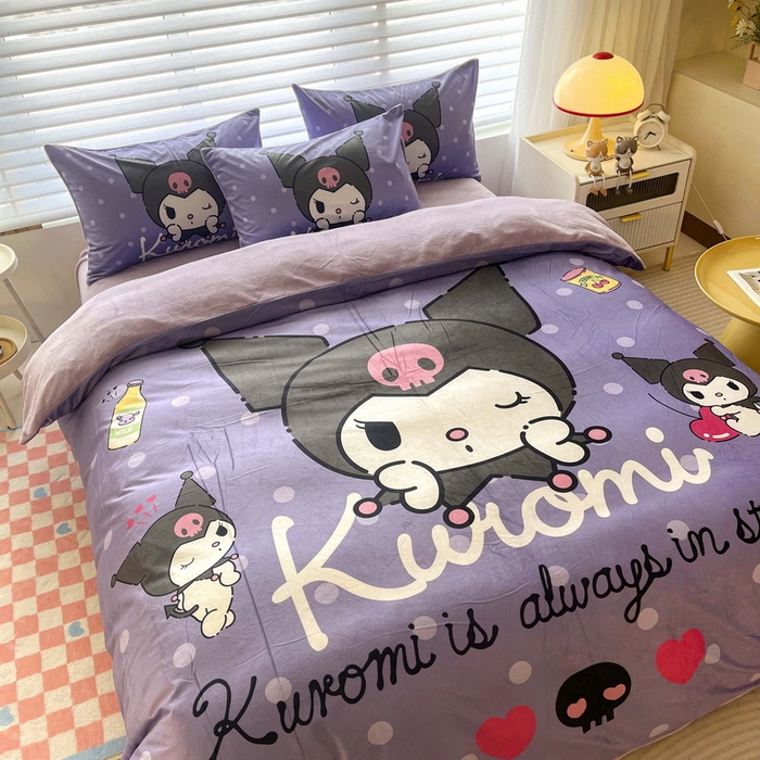 91家纺网 家纺一手货源 找家纺 一电 2025外贸跨境电商儿童卡通床上四件套亲肤牛奶绒学生三件床单被套加大珊瑚宝宝卡通 圆点库洛米