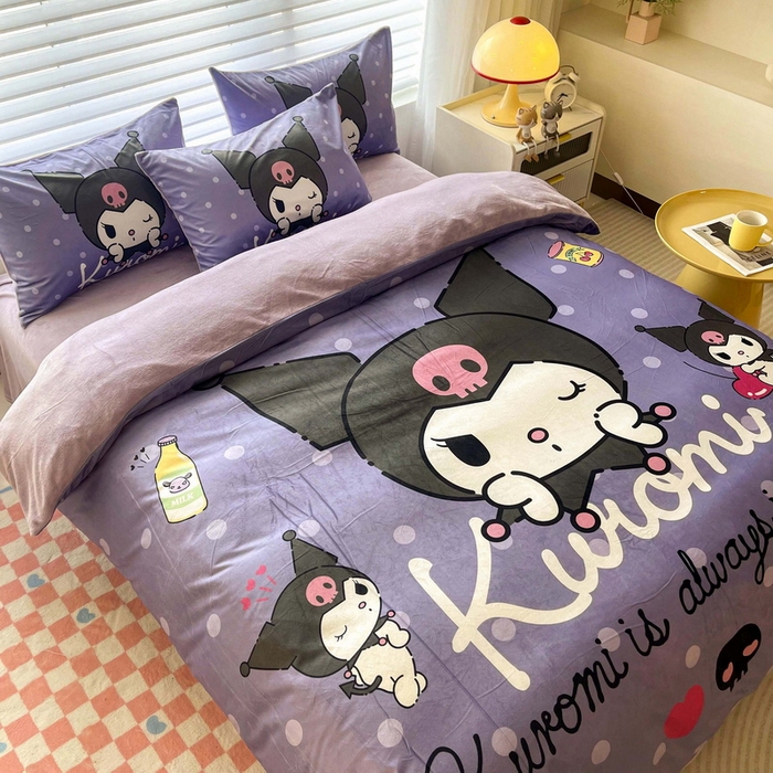 91家纺网 家纺一手货源 找家纺 一电 2025外贸跨境电商儿童卡通床上四件套亲肤牛奶绒学生三件床单被套加大珊瑚宝宝卡通 圆点库洛米