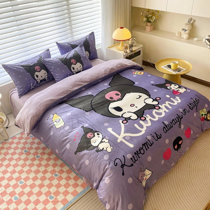 91家纺网 家纺一手货源 找家纺 一电 2025外贸跨境电商儿童卡通床上四件套亲肤牛奶绒学生三件床单被套加大珊瑚宝宝卡通 圆点库洛米