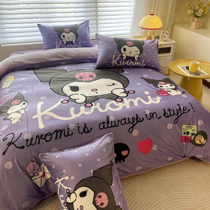 91家纺网 家纺一手货源 找家纺 一电 2025外贸跨境电商儿童卡通床上四件套亲肤牛奶绒学生三件床单被套加大珊瑚宝宝卡通 圆点库洛米