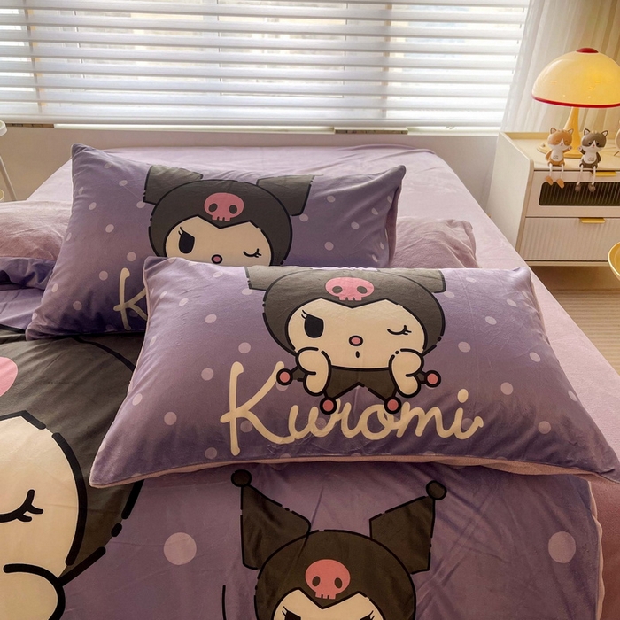 91家纺网 家纺一手货源 找家纺 一电 2025外贸跨境电商儿童卡通床上四件套亲肤牛奶绒学生三件床单被套加大珊瑚宝宝卡通 圆点库洛米