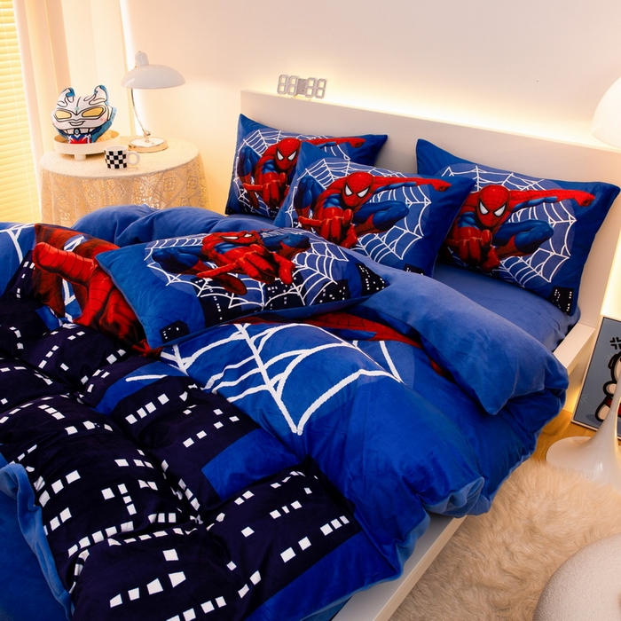 91家纺网 家纺一手货源 找家纺 一电 2025外贸跨境电商儿童卡通床上四件套亲肤牛奶绒学生三件床单被套加大珊瑚宝宝卡通 蜘蛛侠