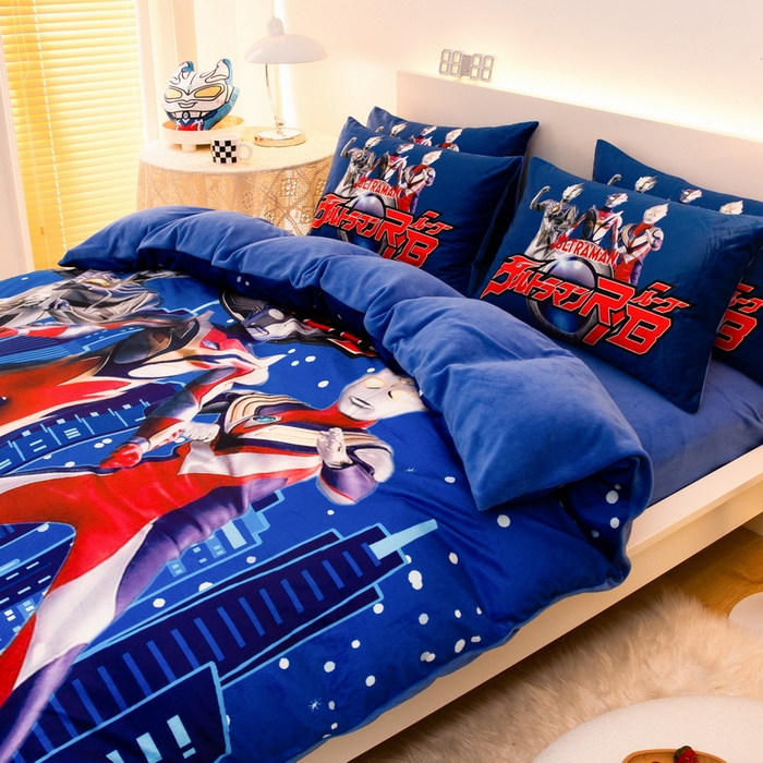 91家纺网 家纺一手货源 找家纺 一电 2025外贸跨境电商儿童卡通床上四件套亲肤牛奶绒学生三件床单被套加大珊瑚宝宝卡通单被套2 奥特归来