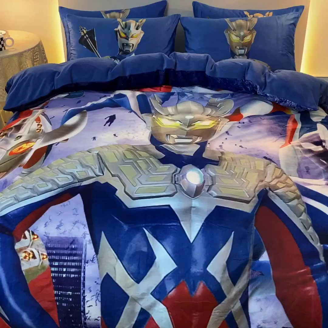 91家纺网 家纺一手货源 找家纺 一电 2025外贸跨境电商儿童卡通床上四件套亲肤牛奶绒学生三件床单被套加大珊瑚宝宝卡通单被套2 奥特家族