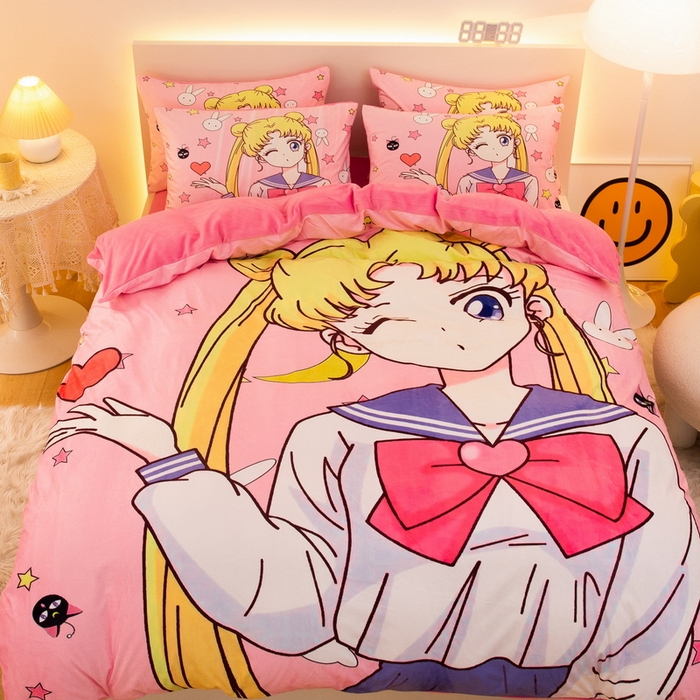 91家纺网 家纺一手货源 找家纺 一电 2025外贸跨境电商儿童卡通床上四件套亲肤牛奶绒学生三件床单被套加大珊瑚宝宝卡通单被套 爱心美少女