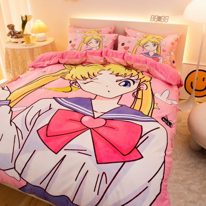 91家纺网 家纺一手货源 找家纺 一电 2025外贸跨境电商儿童卡通床上四件套亲肤牛奶绒学生三件床单被套加大珊瑚宝宝卡通单被套 爱心美少女