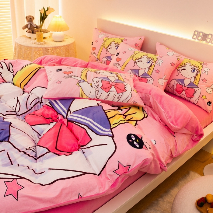 91家纺网 家纺一手货源 找家纺 一电 2025外贸跨境电商儿童卡通床上四件套亲肤牛奶绒学生三件床单被套加大珊瑚宝宝卡通单被套 爱心美少女