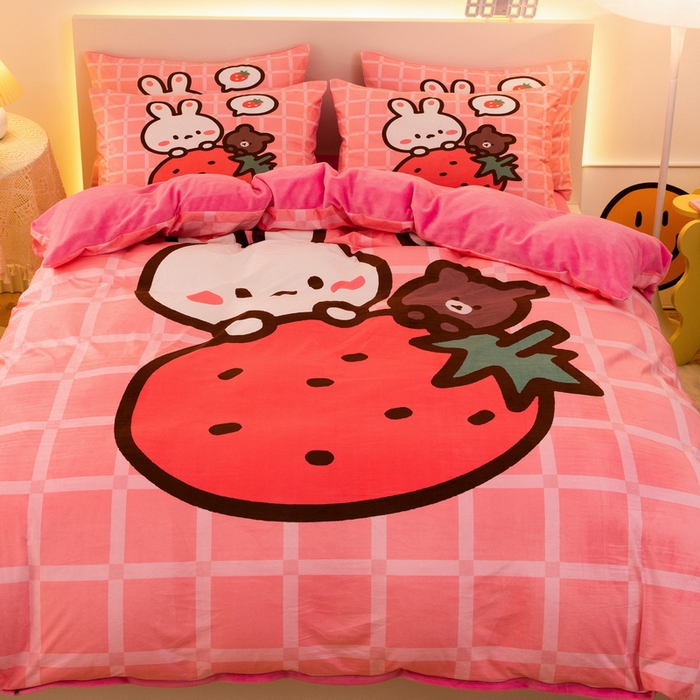 91家纺网 家纺一手货源 找家纺 一电 2025外贸跨境电商儿童卡通床上四件套亲肤牛奶绒学生三件床单被套加大珊瑚宝宝卡通单被套 草莓动物