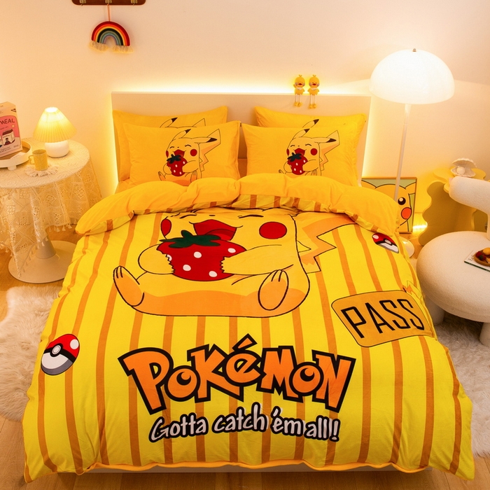 91家纺网 家纺一手货源 找家纺 一电 2025外贸跨境电商儿童卡通床上四件套亲肤牛奶绒学生三件床单被套加大珊瑚宝宝卡通单被套 草莓皮卡丘