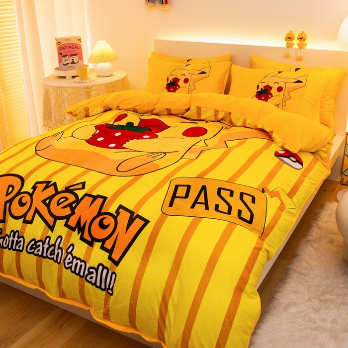 91家纺网 家纺一手货源 找家纺 一电 2025外贸跨境电商儿童卡通床上四件套亲肤牛奶绒学生三件床单被套加大珊瑚宝宝卡通单被套 草莓皮卡丘