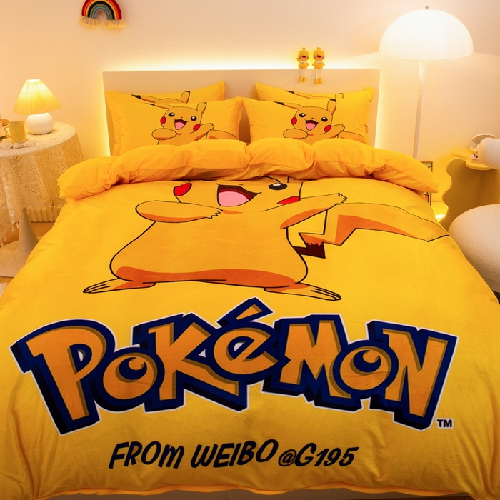 91家纺网 家纺一手货源 找家纺 一电 2025外贸跨境电商儿童卡通床上四件套亲肤牛奶绒学生三件床单被套加大珊瑚宝宝卡通单被套 唱歌皮卡丘