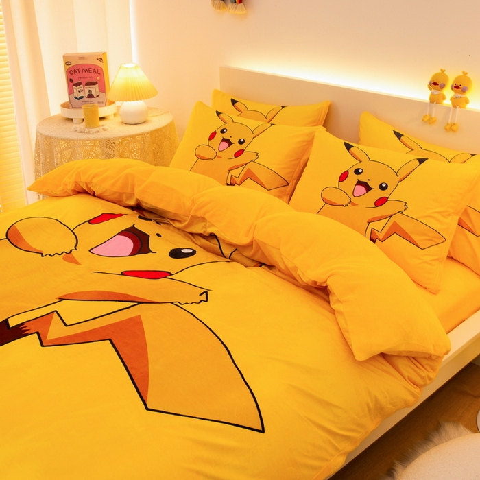 91家纺网 家纺一手货源 找家纺 一电 2025外贸跨境电商儿童卡通床上四件套亲肤牛奶绒学生三件床单被套加大珊瑚宝宝卡通单被套 唱歌皮卡丘