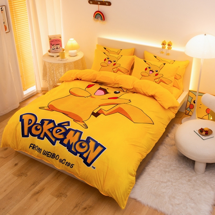 91家纺网 家纺一手货源 找家纺 一电 2025外贸跨境电商儿童卡通床上四件套亲肤牛奶绒学生三件床单被套加大珊瑚宝宝卡通单被套 唱歌皮卡丘