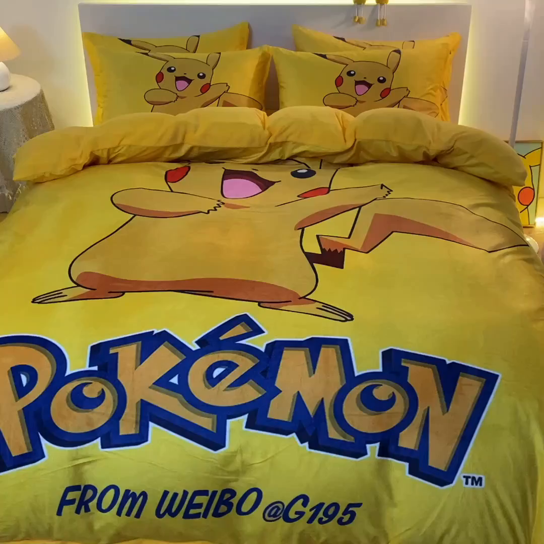 91家纺网 家纺一手货源 找家纺 一电 2025外贸跨境电商儿童卡通床上四件套亲肤牛奶绒学生三件床单被套加大珊瑚宝宝卡通单被套 唱歌皮卡丘