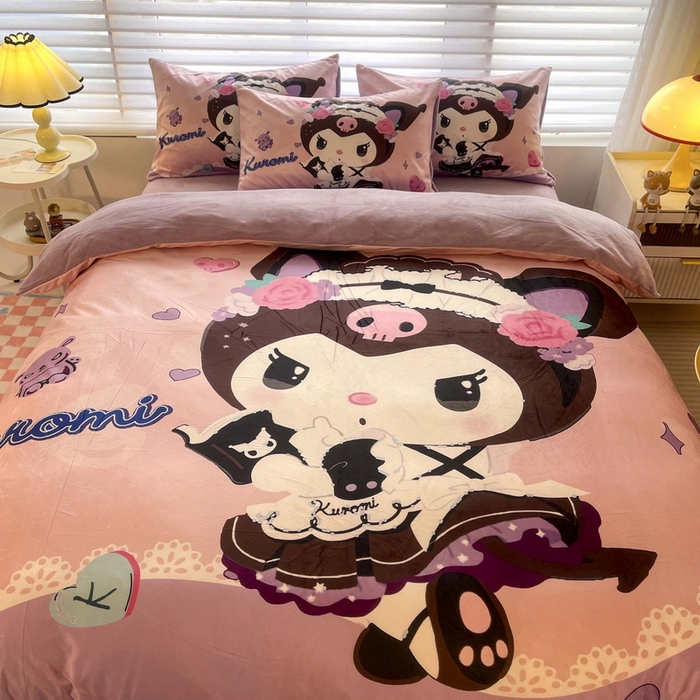 91家纺网 家纺一手货源 找家纺 一电 2025外贸跨境电商儿童卡通床上四件套亲肤牛奶绒学生三件床单被套加大珊瑚宝宝卡通单被套 公主库洛米