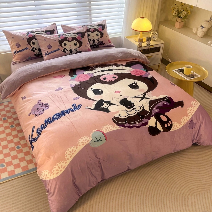 91家纺网 家纺一手货源 找家纺 一电 2025外贸跨境电商儿童卡通床上四件套亲肤牛奶绒学生三件床单被套加大珊瑚宝宝卡通单被套 公主库洛米