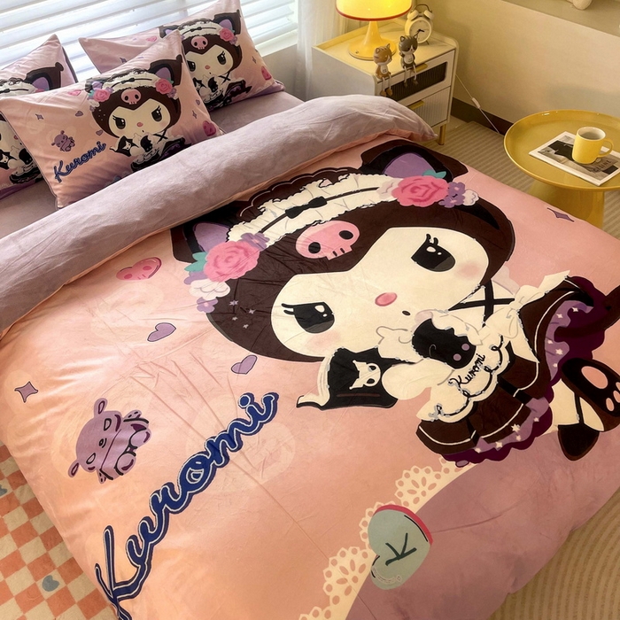 91家纺网 家纺一手货源 找家纺 一电 2025外贸跨境电商儿童卡通床上四件套亲肤牛奶绒学生三件床单被套加大珊瑚宝宝卡通单被套 公主库洛米