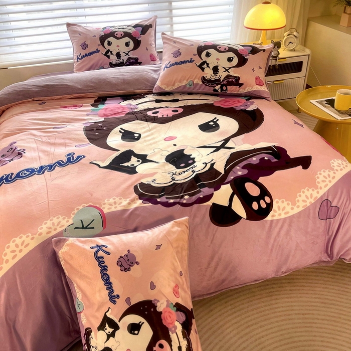 91家纺网 家纺一手货源 找家纺 一电 2025外贸跨境电商儿童卡通床上四件套亲肤牛奶绒学生三件床单被套加大珊瑚宝宝卡通单被套 公主库洛米