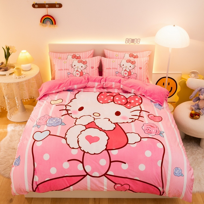 91家纺网 家纺一手货源 找家纺 一电 2025外贸跨境电商儿童卡通床上四件套亲肤牛奶绒学生三件床单被套加大珊瑚宝宝卡通单被套 害羞KT