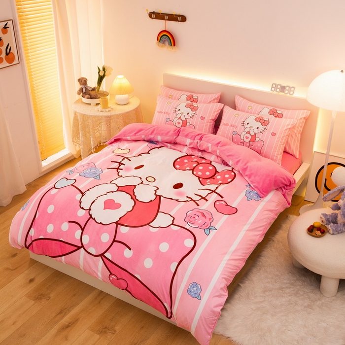 91家纺网 家纺一手货源 找家纺 一电 2025外贸跨境电商儿童卡通床上四件套亲肤牛奶绒学生三件床单被套加大珊瑚宝宝卡通单被套 害羞KT