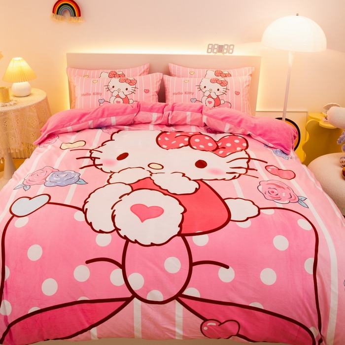 91家纺网 家纺一手货源 找家纺 一电 2025外贸跨境电商儿童卡通床上四件套亲肤牛奶绒学生三件床单被套加大珊瑚宝宝卡通单被套 害羞KT