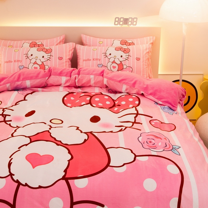 91家纺网 家纺一手货源 找家纺 一电 2025外贸跨境电商儿童卡通床上四件套亲肤牛奶绒学生三件床单被套加大珊瑚宝宝卡通单被套 害羞KT