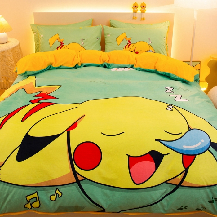 91家纺网 家纺一手货源 找家纺 一电 2025外贸跨境电商儿童卡通床上四件套亲肤牛奶绒学生三件床单被套加大珊瑚宝宝卡通单被套 呼呼皮卡丘