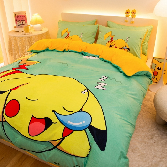 91家纺网 家纺一手货源 找家纺 一电 2025外贸跨境电商儿童卡通床上四件套亲肤牛奶绒学生三件床单被套加大珊瑚宝宝卡通单被套 呼呼皮卡丘