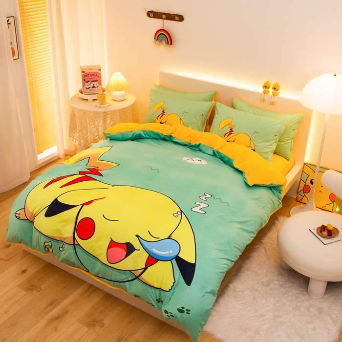 91家纺网 家纺一手货源 找家纺 一电 2025外贸跨境电商儿童卡通床上四件套亲肤牛奶绒学生三件床单被套加大珊瑚宝宝卡通单被套 呼呼皮卡丘