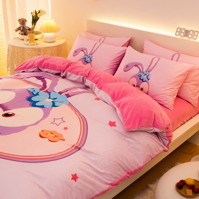 91家纺网 家纺一手货源 找家纺 一电 2025外贸跨境电商儿童卡通床上四件套亲肤牛奶绒学生三件床单被套加大珊瑚宝宝卡通单被套 可爱星黛露