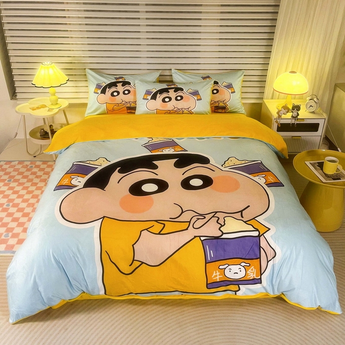 91家纺网 家纺一手货源 找家纺 一电 2025外贸跨境电商儿童卡通床上四件套亲肤牛奶绒学生三件床单被套加大珊瑚宝宝卡通单被套 奶茶小新
