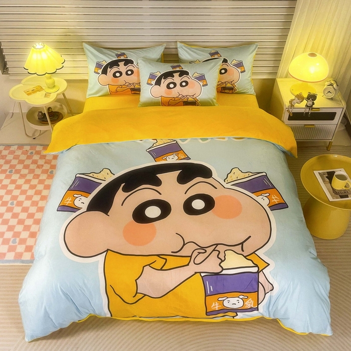 91家纺网 家纺一手货源 找家纺 一电 2025外贸跨境电商儿童卡通床上四件套亲肤牛奶绒学生三件床单被套加大珊瑚宝宝卡通单被套 奶茶小新