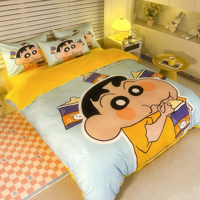 91家纺网 家纺一手货源 找家纺 一电 2025外贸跨境电商儿童卡通床上四件套亲肤牛奶绒学生三件床单被套加大珊瑚宝宝卡通单被套 奶茶小新