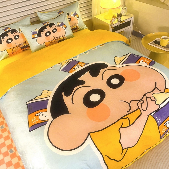 91家纺网 家纺一手货源 找家纺 一电 2025外贸跨境电商儿童卡通床上四件套亲肤牛奶绒学生三件床单被套加大珊瑚宝宝卡通单被套 奶茶小新