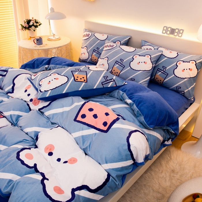 91家纺网 家纺一手货源 找家纺 一电 2025外贸跨境电商儿童卡通床上四件套亲肤牛奶绒学生三件床单被套加大珊瑚宝宝卡通单被套 奶茶小熊