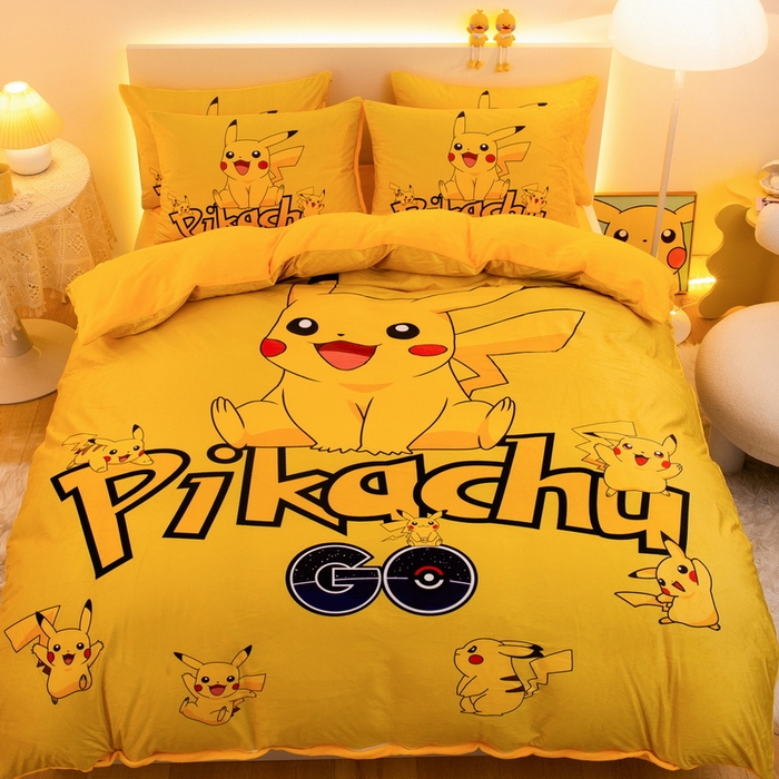 91家纺网 家纺一手货源 找家纺 一电 2025外贸跨境电商儿童卡通床上四件套亲肤牛奶绒学生三件床单被套加大珊瑚宝宝卡通单被套 皮卡丘家族