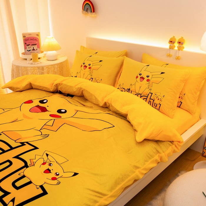 91家纺网 家纺一手货源 找家纺 一电 2025外贸跨境电商儿童卡通床上四件套亲肤牛奶绒学生三件床单被套加大珊瑚宝宝卡通单被套 皮卡丘家族