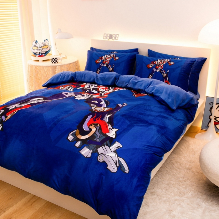 91家纺网 家纺一手货源 找家纺 一电 2025外贸跨境电商儿童卡通床上四件套亲肤牛奶绒学生三件床单被套加大珊瑚宝宝卡通单被套 擎天柱