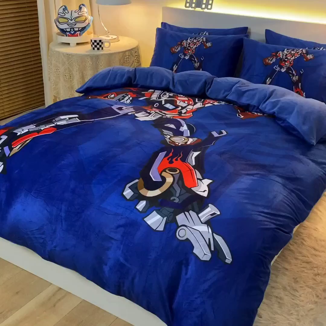 91家纺网 家纺一手货源 找家纺 一电 2025外贸跨境电商儿童卡通床上四件套亲肤牛奶绒学生三件床单被套加大珊瑚宝宝卡通单被套 擎天柱