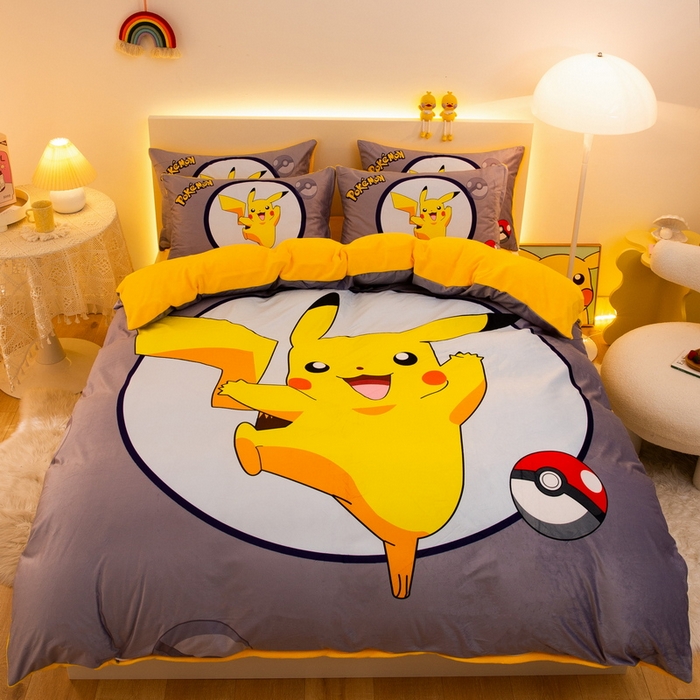 91家纺网 家纺一手货源 找家纺 一电 2025外贸跨境电商儿童卡通床上四件套亲肤牛奶绒学生三件床单被套加大珊瑚宝宝卡通单被套 圈圈皮卡丘