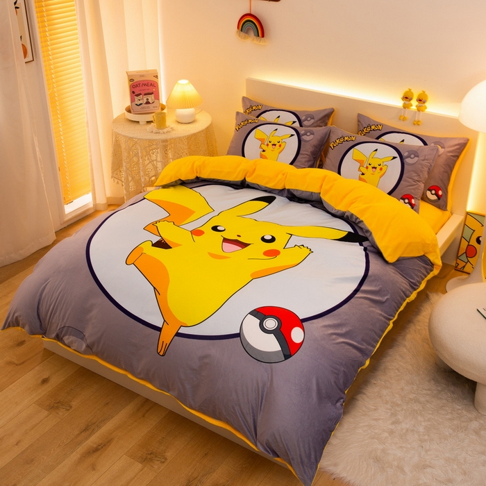 91家纺网 家纺一手货源 找家纺 一电 2025外贸跨境电商儿童卡通床上四件套亲肤牛奶绒学生三件床单被套加大珊瑚宝宝卡通单被套 圈圈皮卡丘